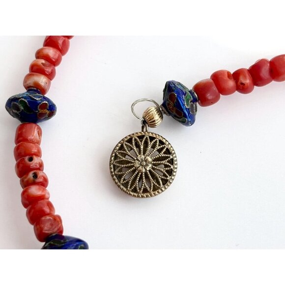 Coral & Blue Cloisonne Floral Beaded Vintage Sterling Silver 925 Necklace 15.5" - Picture 5 of 10